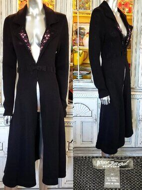 Vintage Betsey Johnson Duster Coat New York Black Sweater Dress Knit Jacket M S